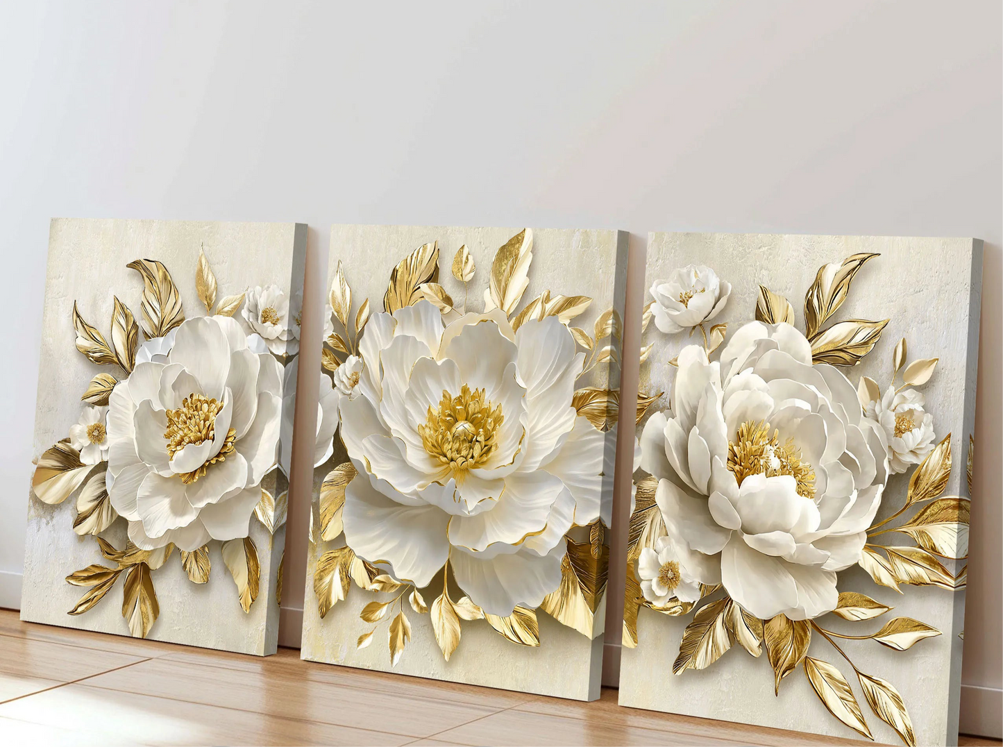 Modern platinum and gold leaf flower canvas wall art