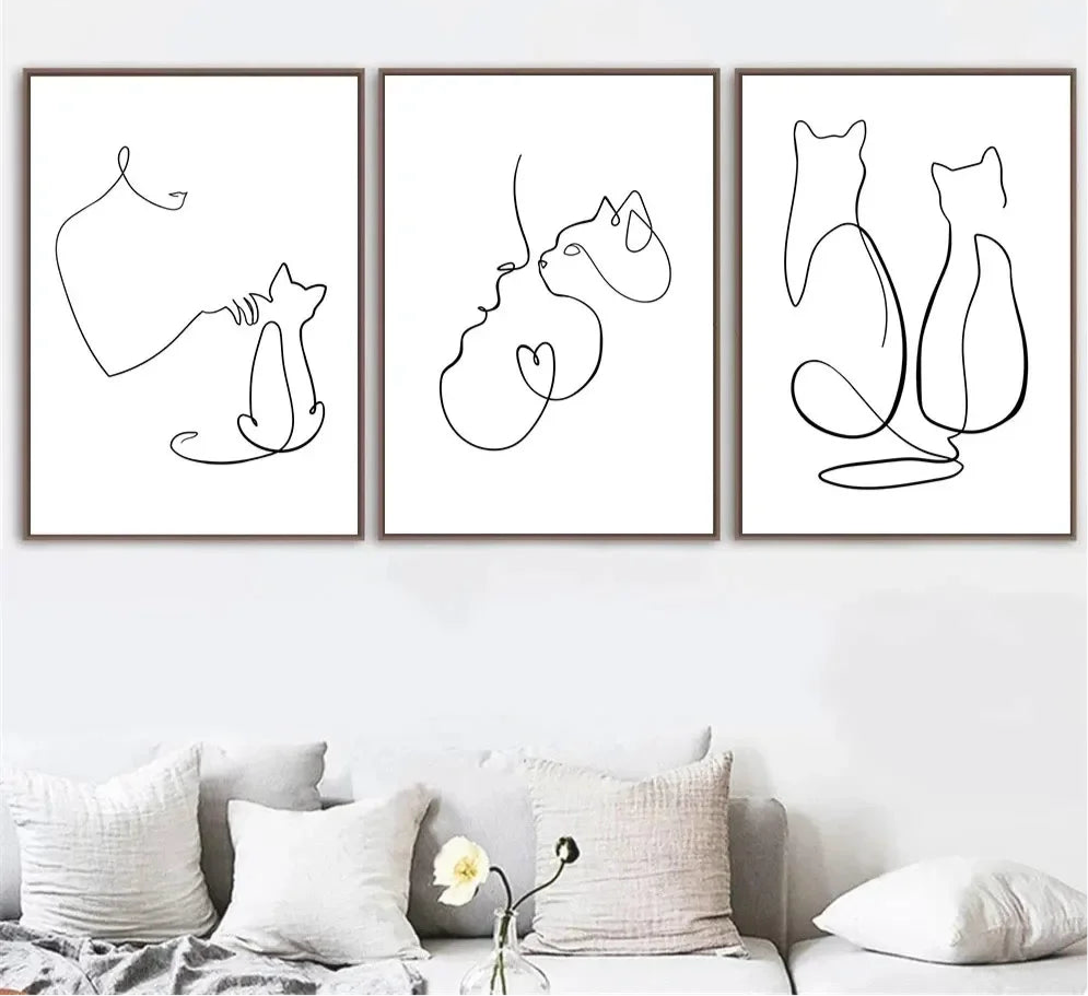 minimalist black and white cat and dog line art canvas wall art