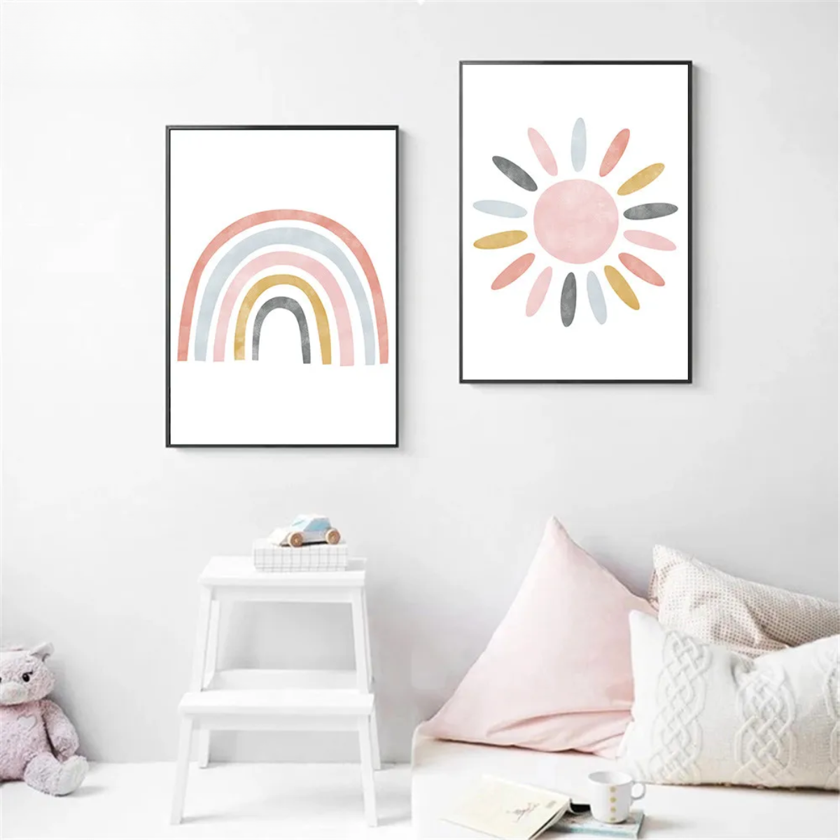 Pink Cartoon Rainbow & Sun Nursery Canvas Print