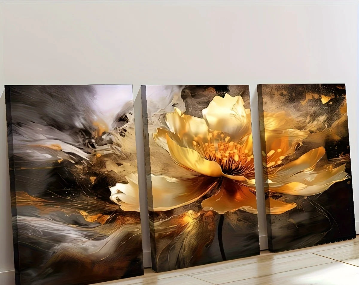 Three-piece abstract golden floral canvas wall art set