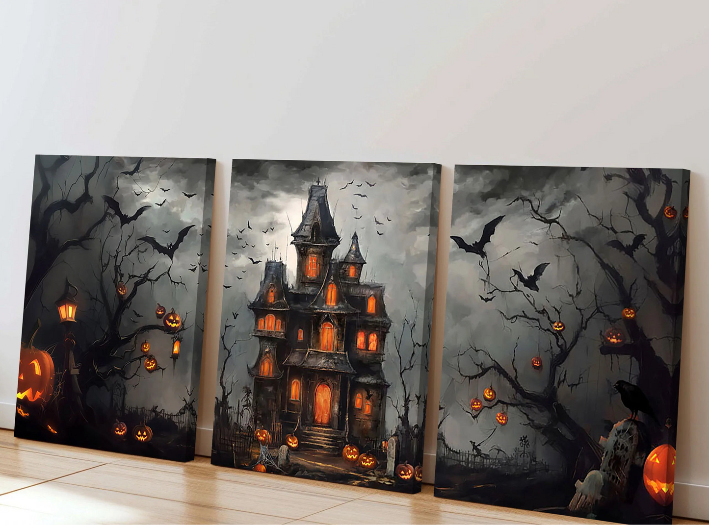 Vintage dark castle with bats Halloween canvas wall art