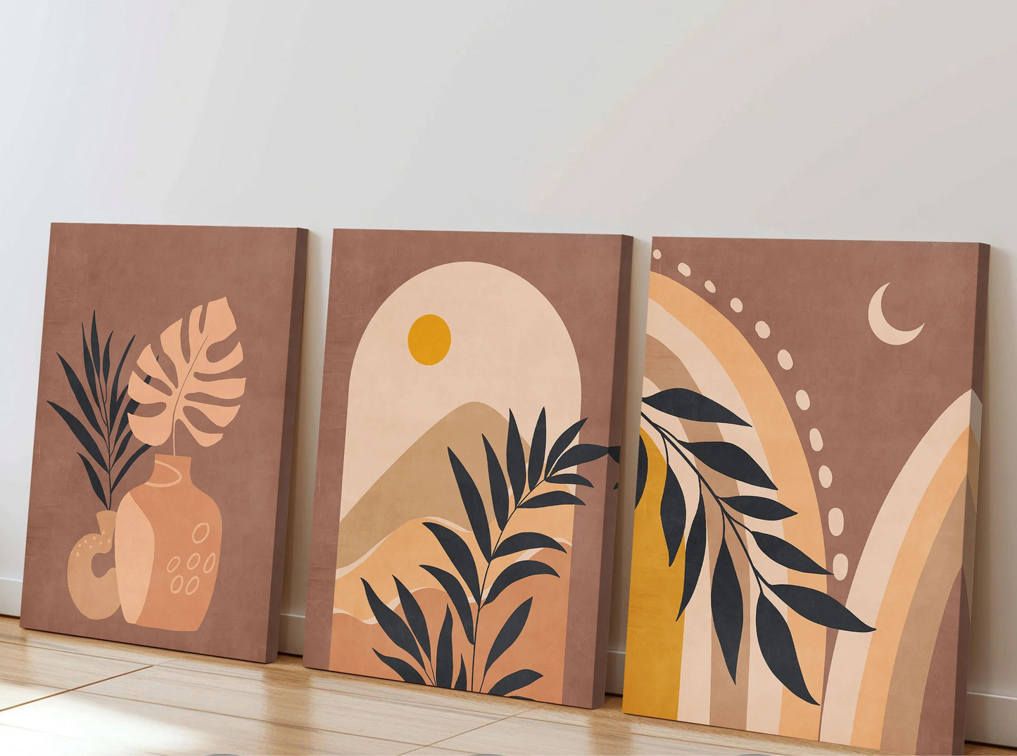 Vintage boho terracotta leaf colour-block canvas wall art