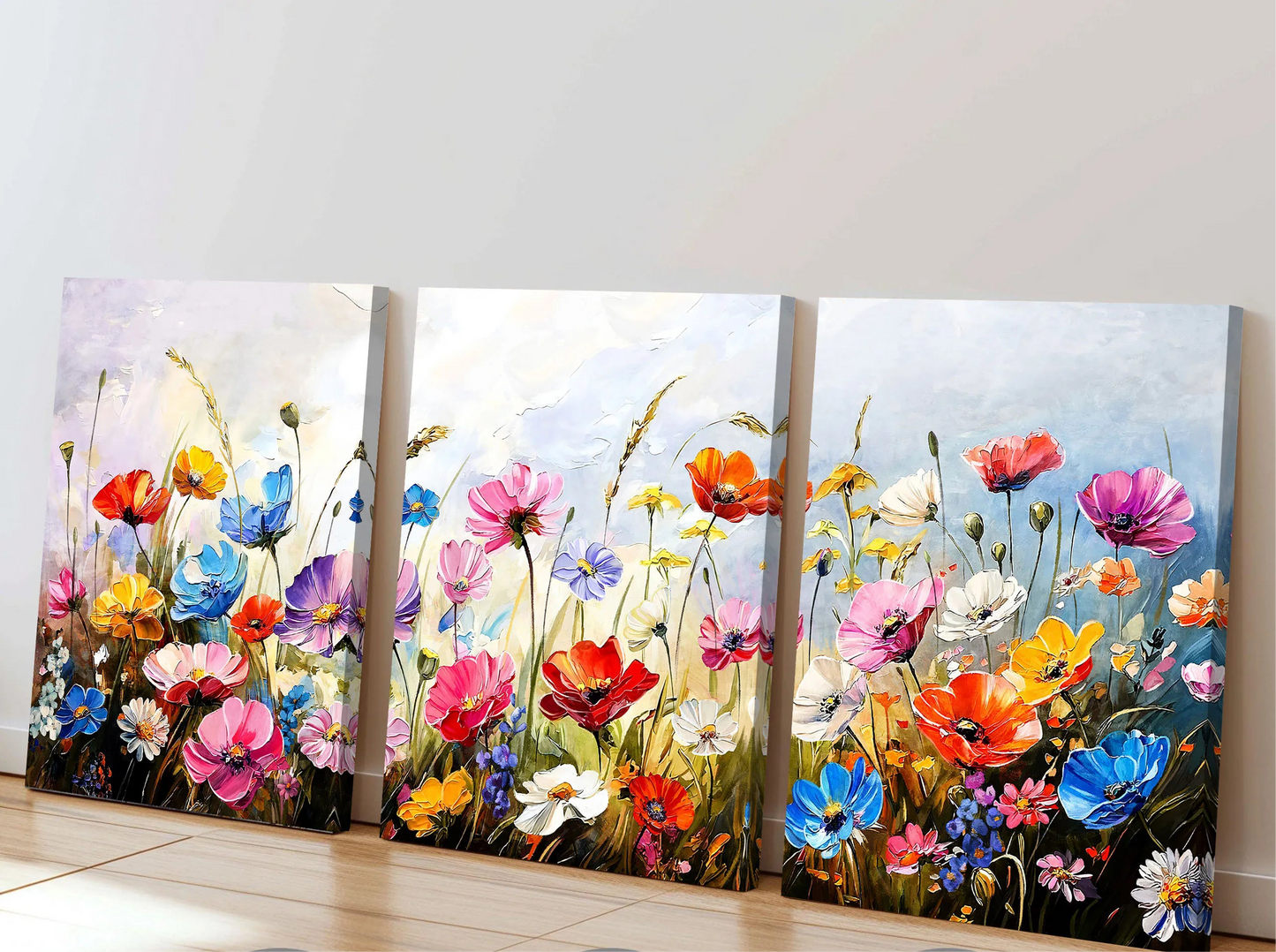 Colorful Flower Field Botanical Canvas Print - Set Of 3