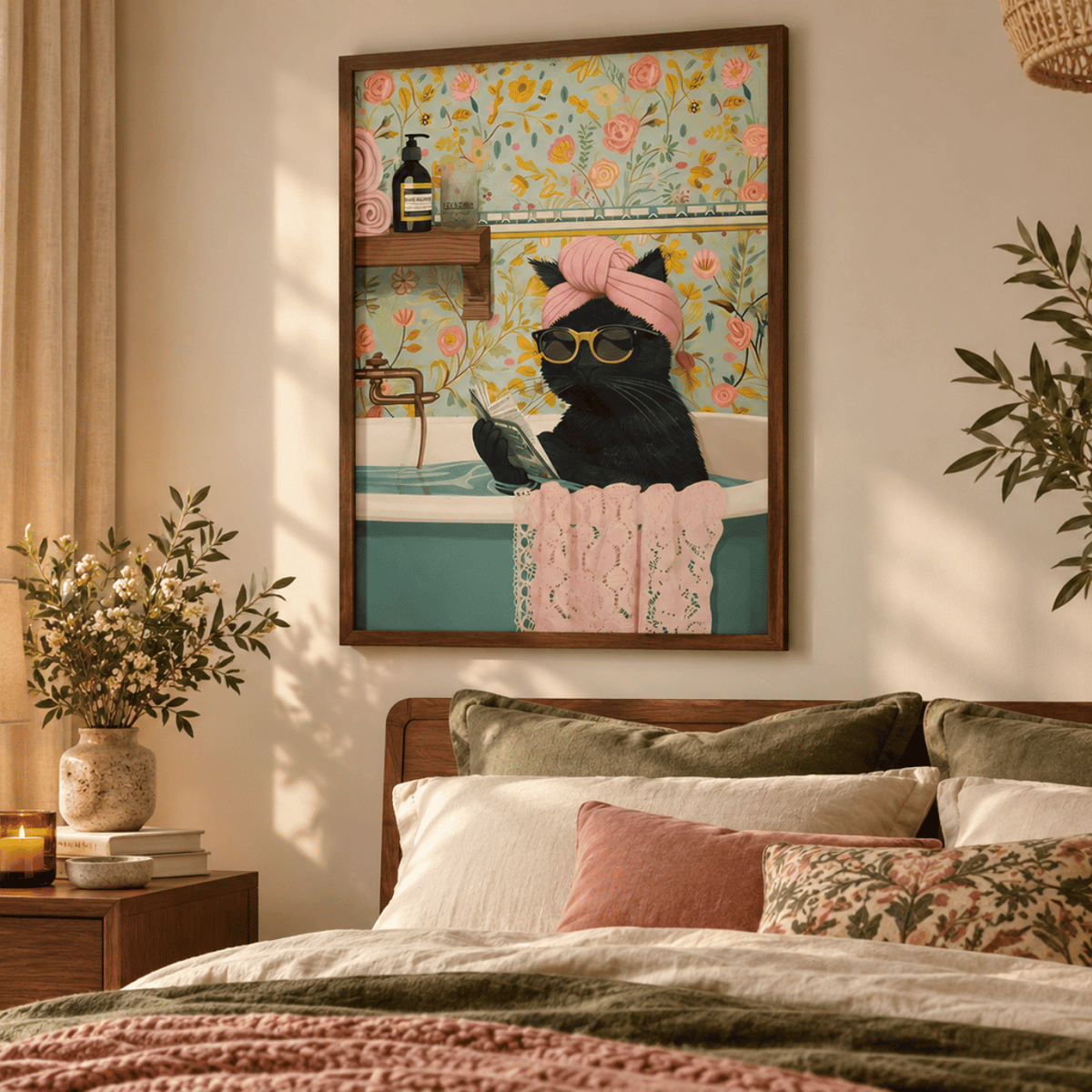 Sunday Soak Black Cat Canvas Print