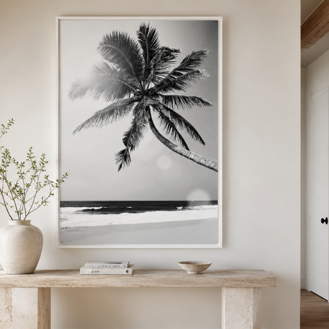 Solitary Palm Beach Black and White Canvas Print