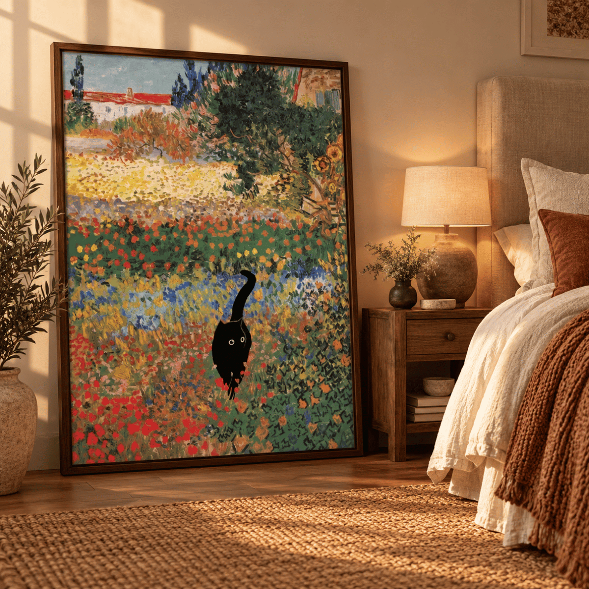 Black Cat In The Painted Garden Canvas Print