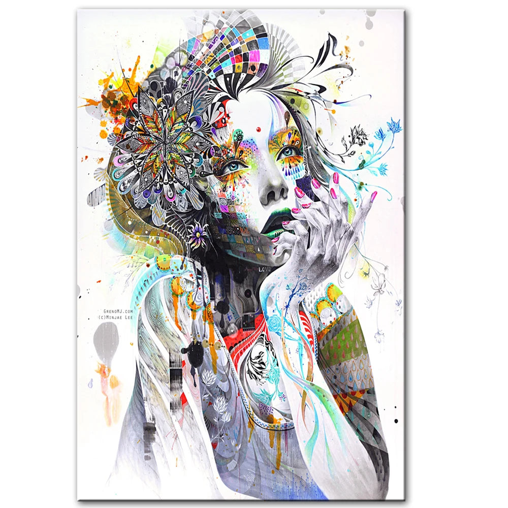 Abstract Girl with Flowers & Butterfly Canvas