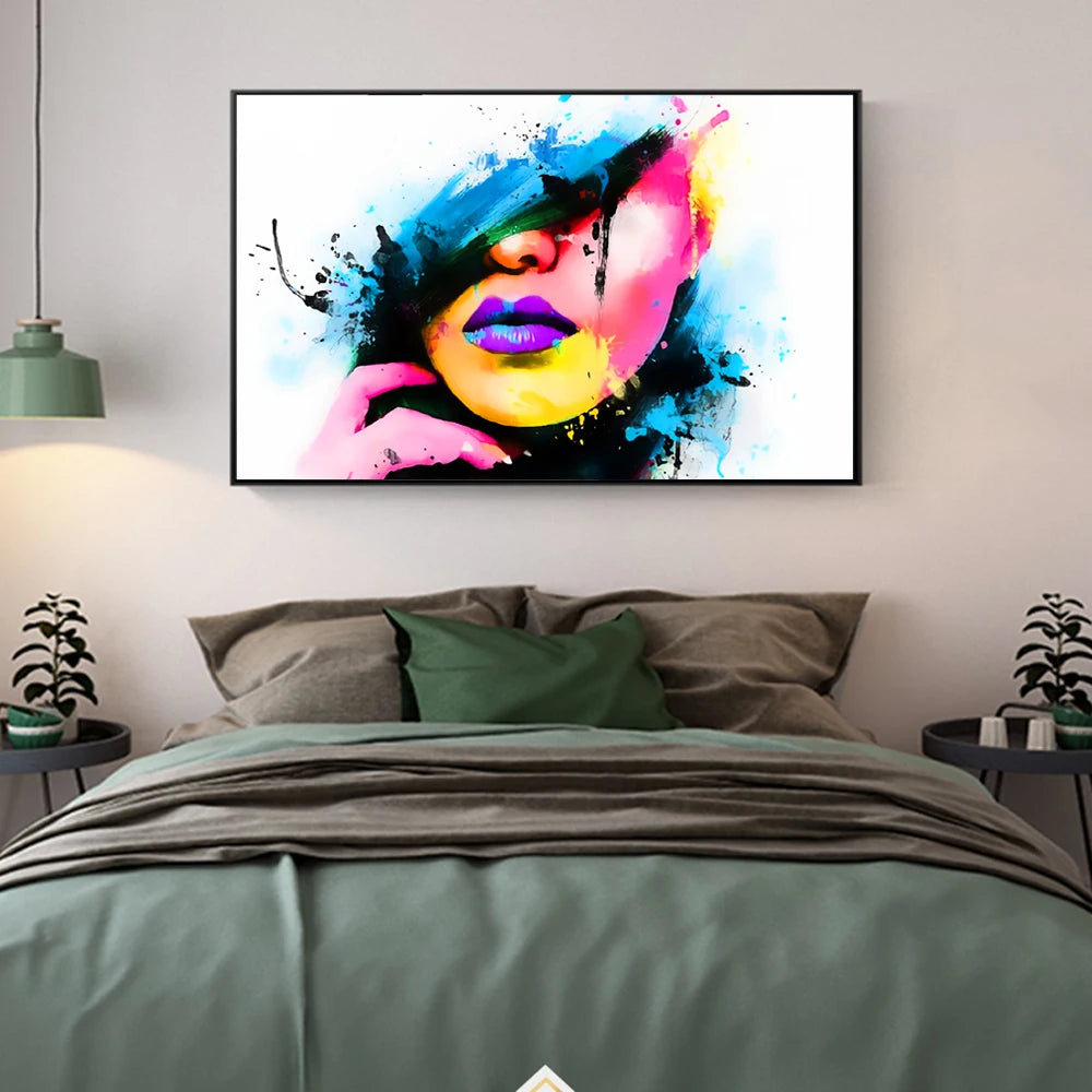 bold pop-art canvas focusing on red lips with graphic shapes