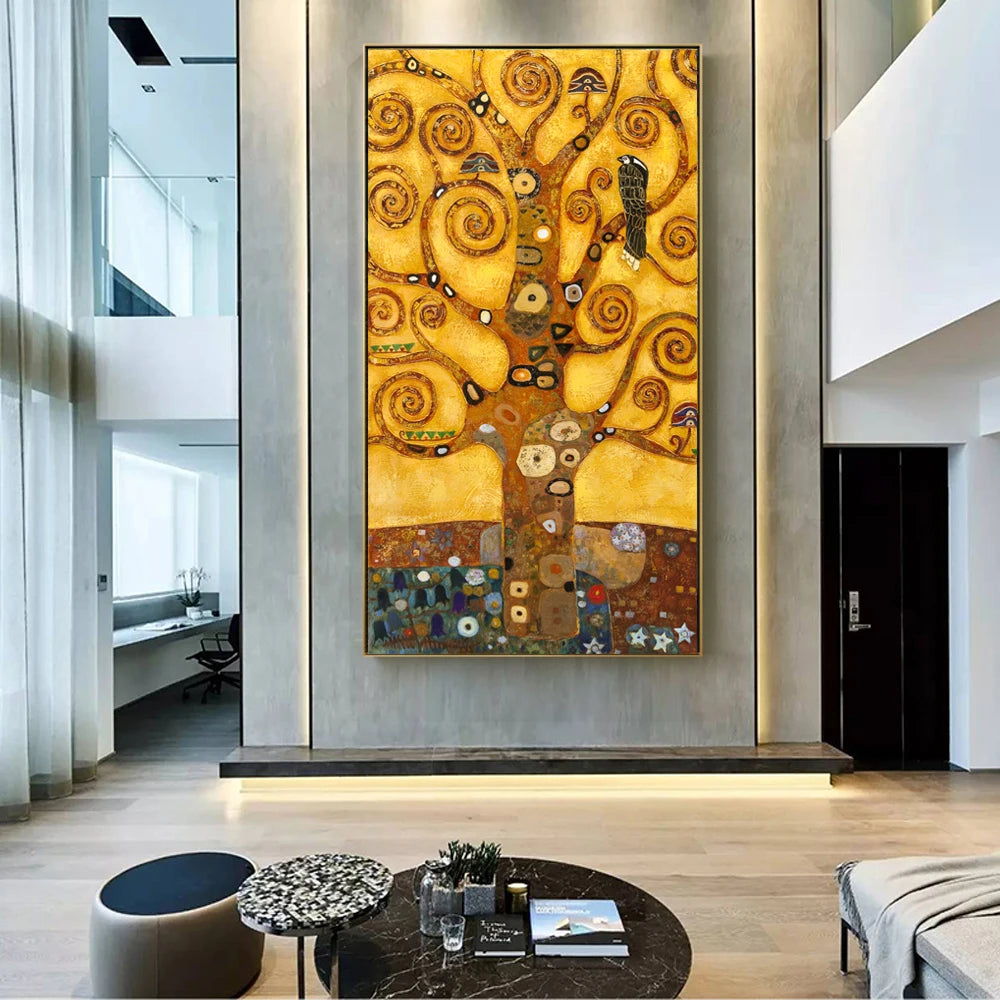 canvas reproduction of Gustav Klimt’s Tree of Life with swirling gold patterns