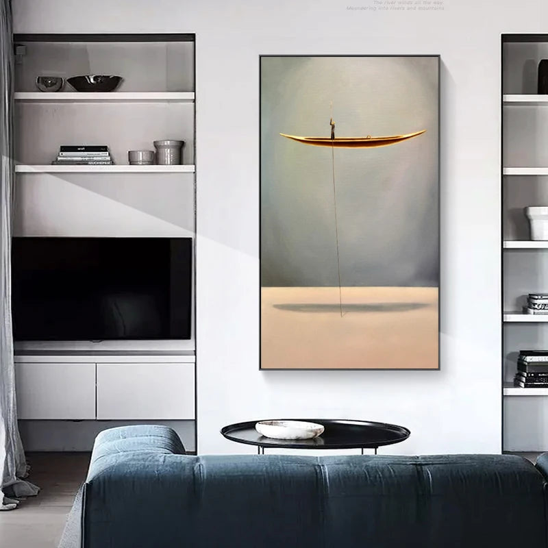 fantasy scene with lonely thinker and golden boat canvas wall art