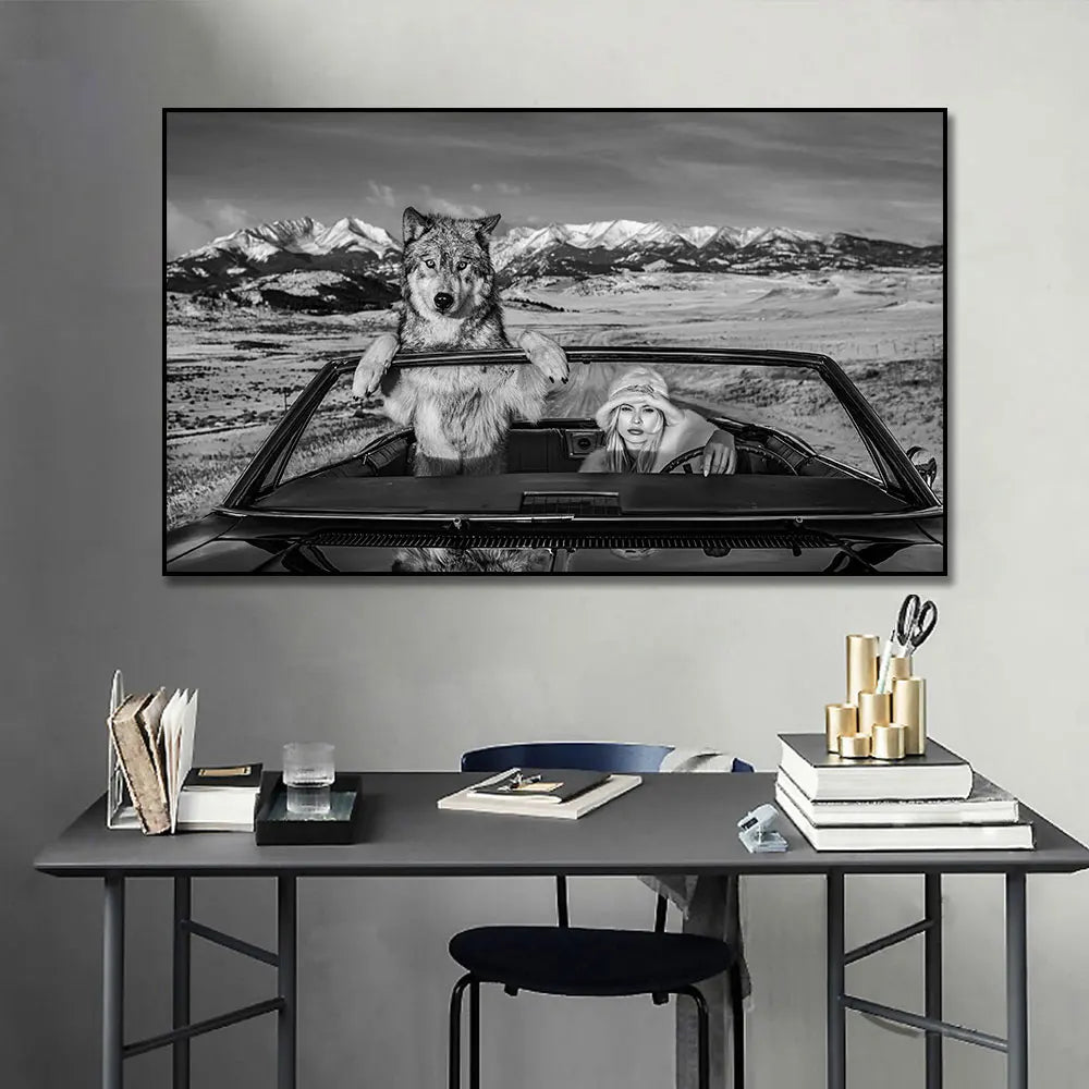 black and white wild wolves dramatic canvas wall art