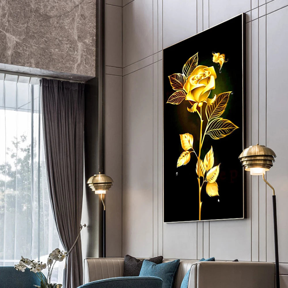 Decorative wall art of a gold rose on a black background in a modern living room.