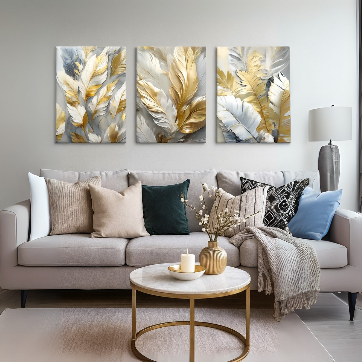 Light Gold & White Leaf Framed Canvas Print - Set Of 3