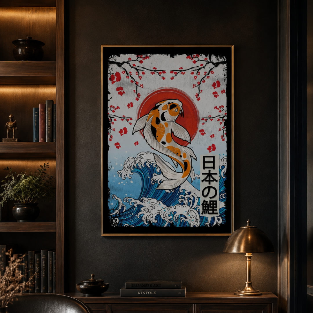 Japanese Koi Wave & Cherry Blossom Canvas Print