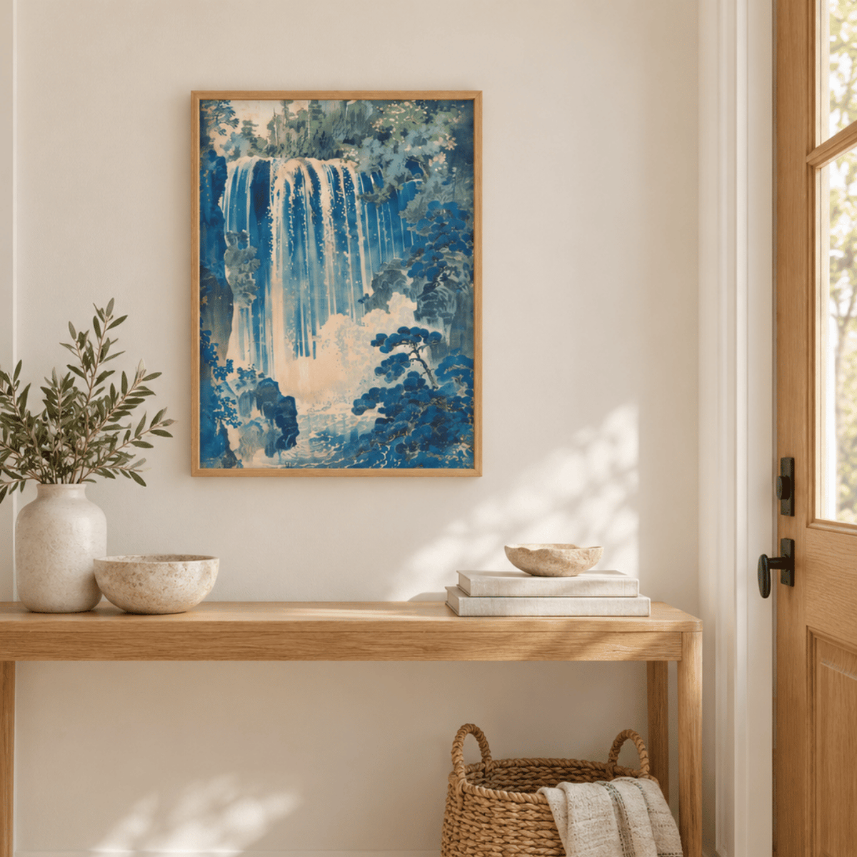 Indigo Cascade Japanese Landscape Canvas Print