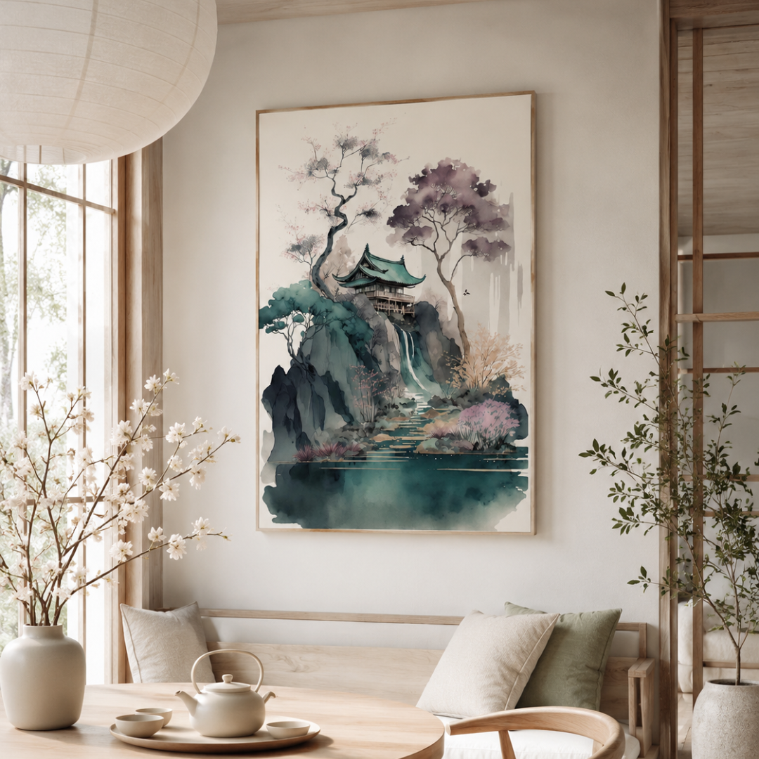 Waterfall Temple Garden Canvas Print