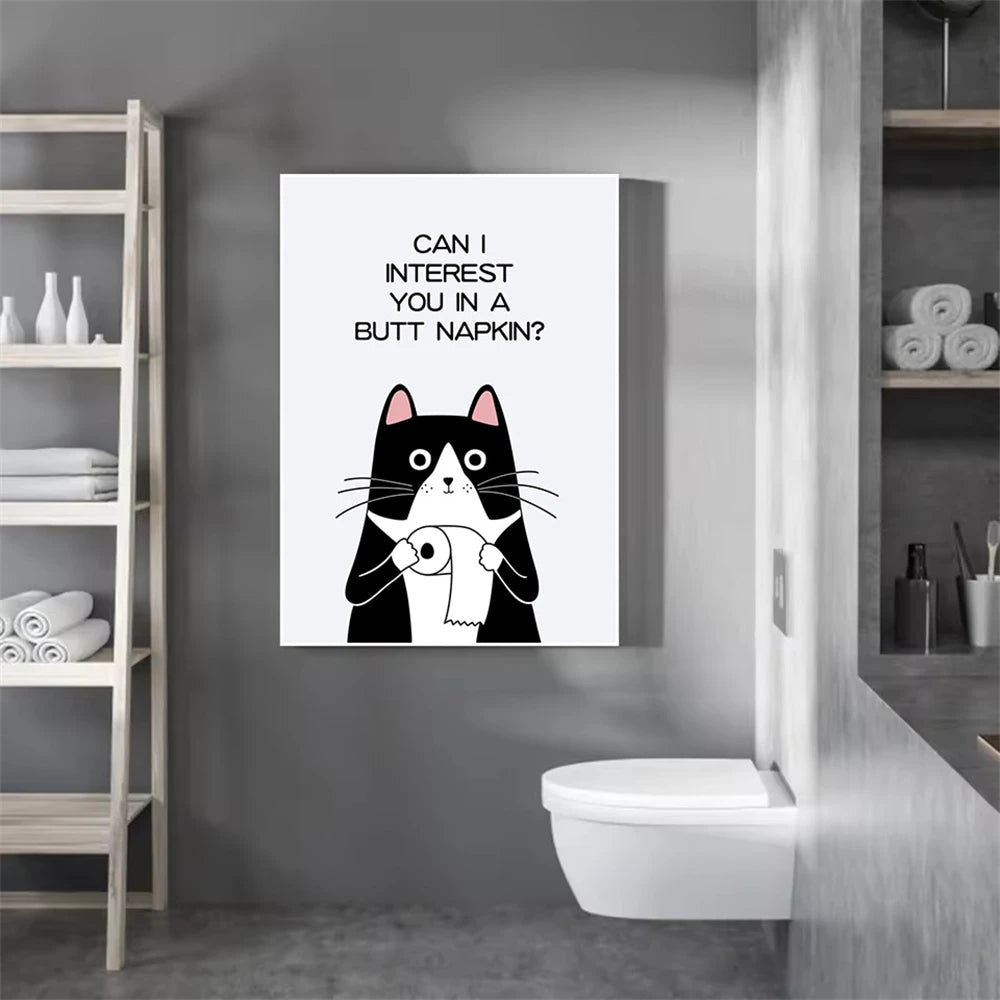 black and white funny cat bathroom wall art canvas