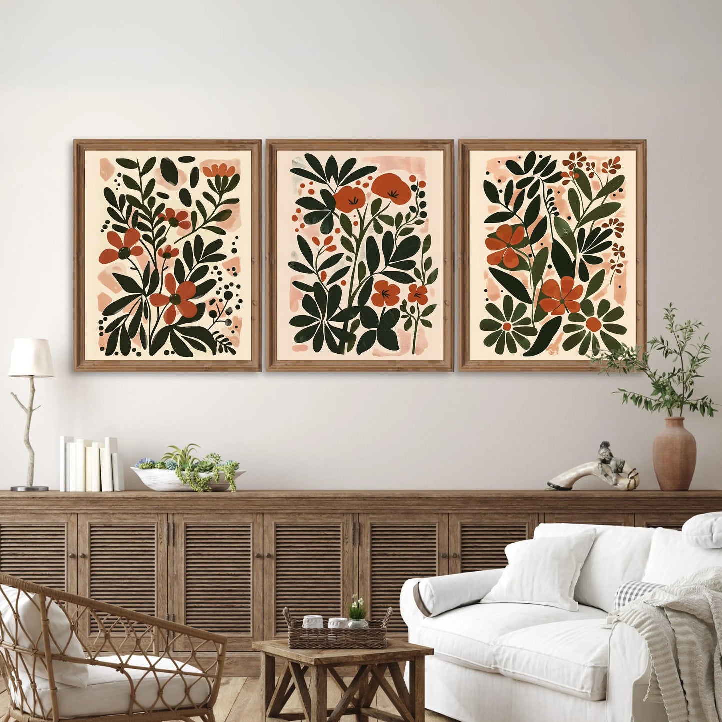 Three-piece boho abstract flower botanical canvas wall art