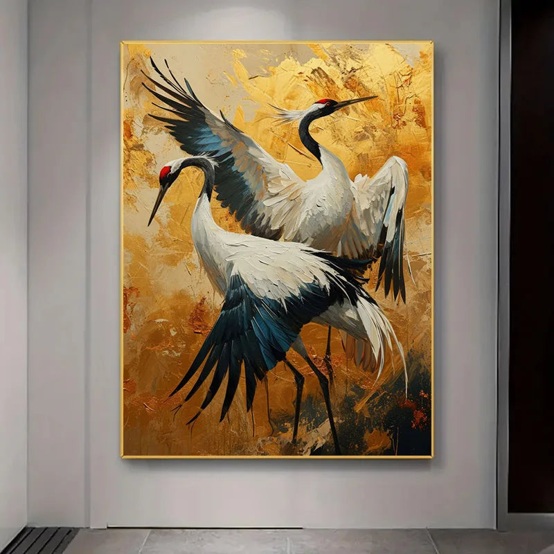 elegant two cranes art deco frameless canvas print