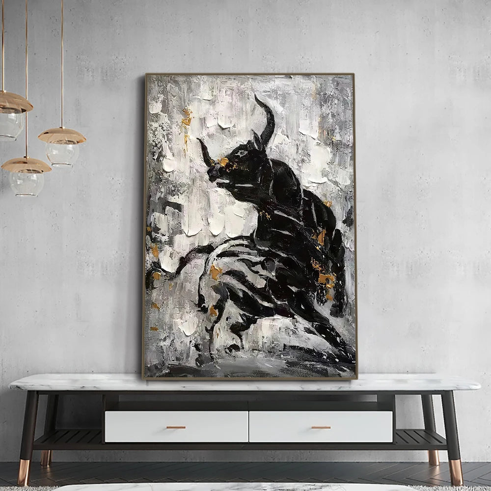 Black and white abstract bull canvas wall art