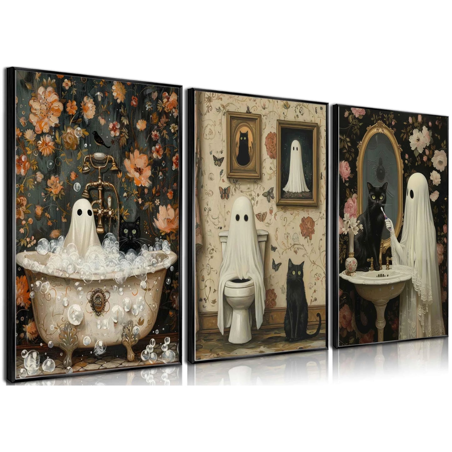 three piece bathroom canvas with ghost and black cat in a bathtub