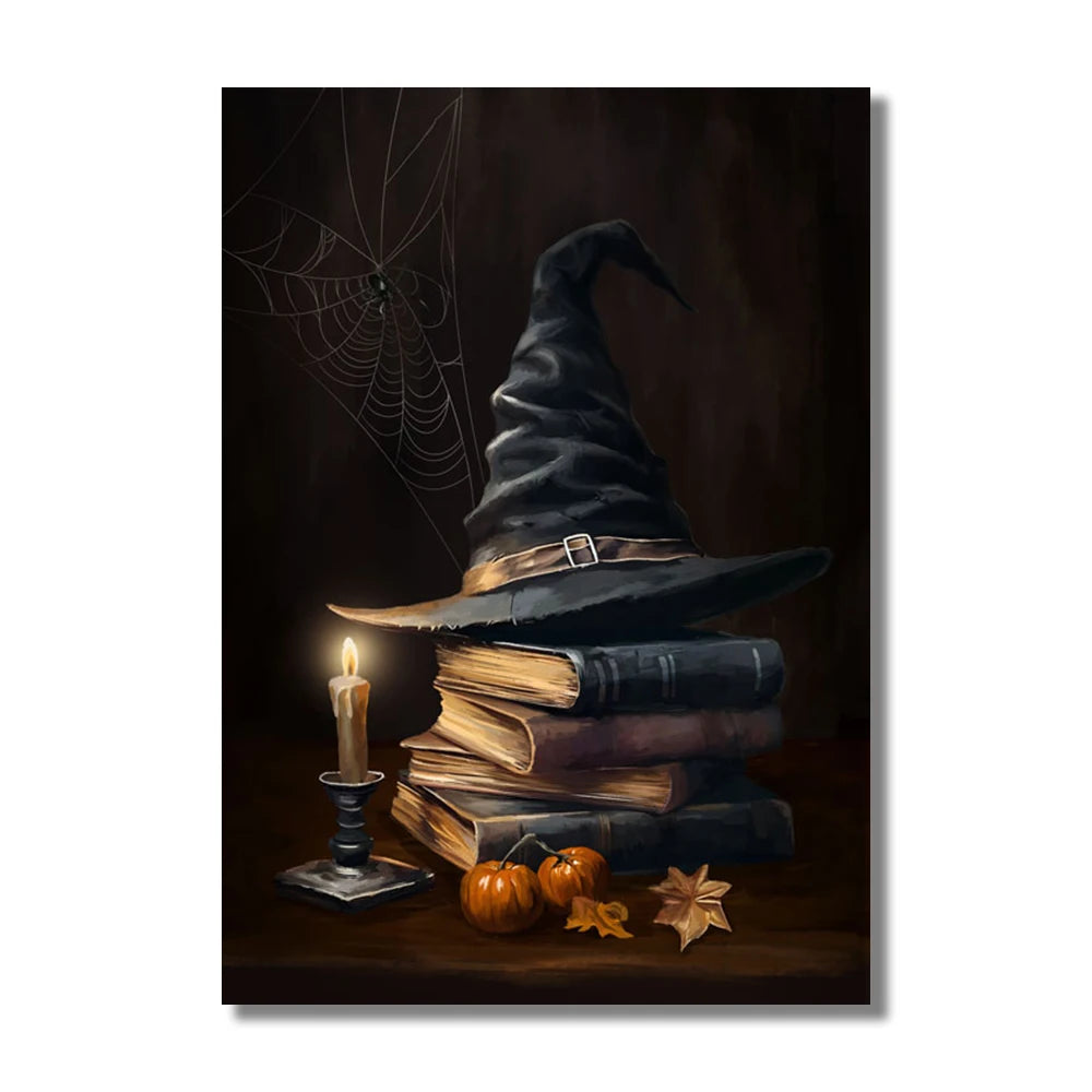 Vintage Halloween canvas with castle, skull, witch, and pumpkin head