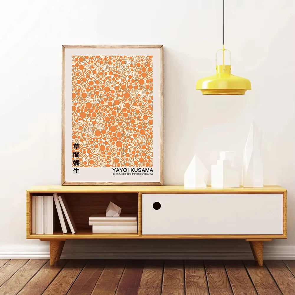 orange abstract canvas with Matisse cutouts and Kusama dots