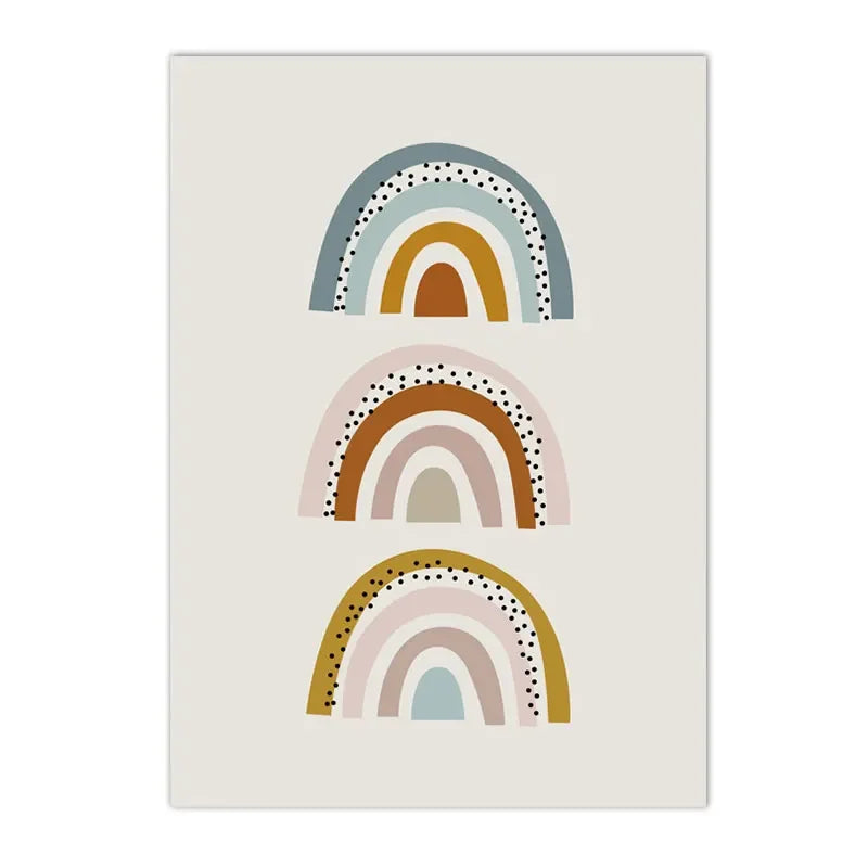 kids boho canvas with turtle bear cat lion and dinosaur under a rainbow