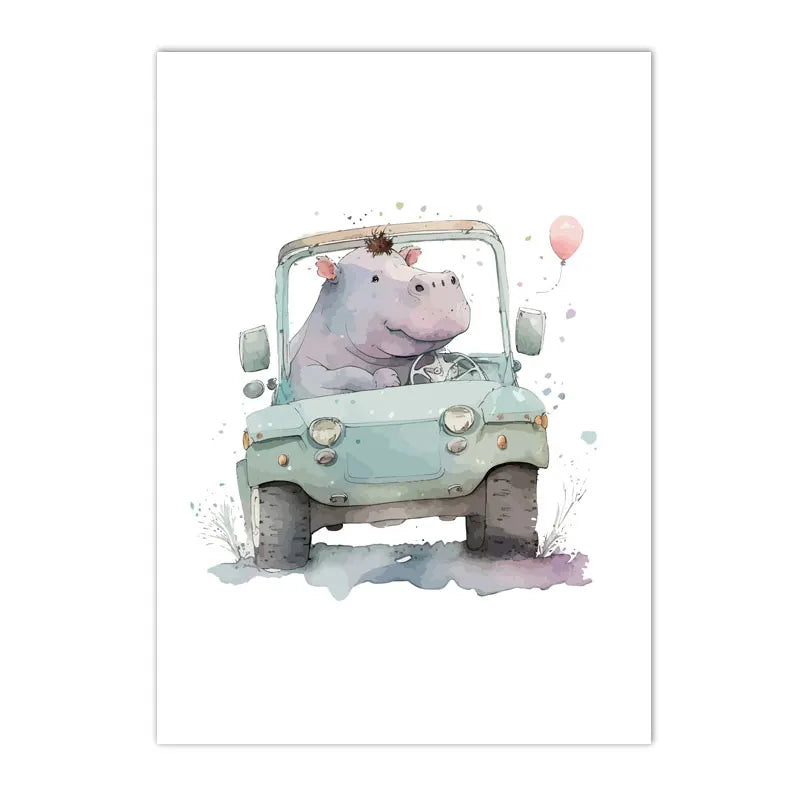 watercolor jungle animals lion elephant giraffe hippo nursery canvas