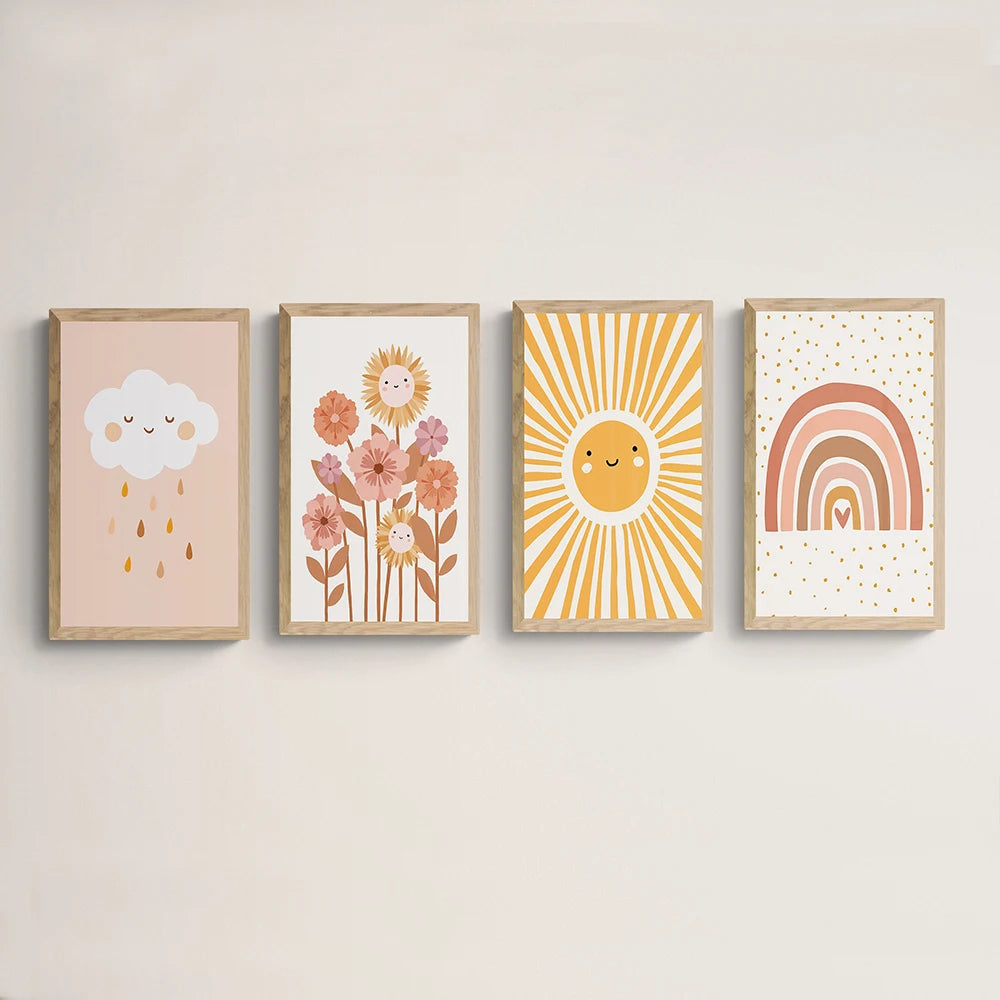 colorful boho rainbow sun cloud flower nursery canvas