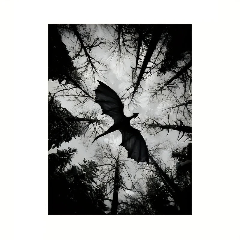 dark fantasy dragon flying over monochrome forest frameless canvas