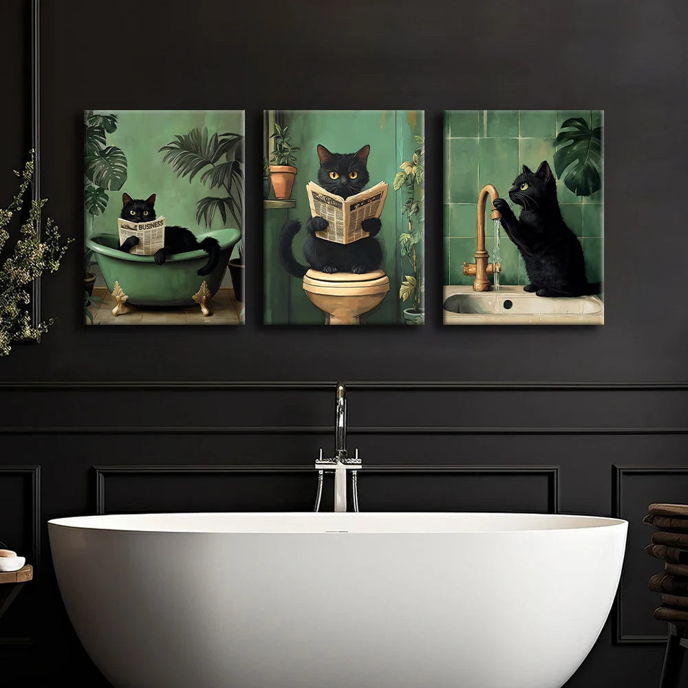Funny Black Cat Bathroom Wall Art – Set of 3