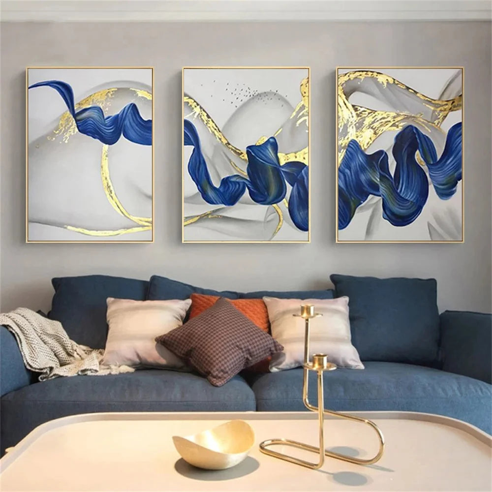 Three-panel blue and gold abstract wave canvas wall art