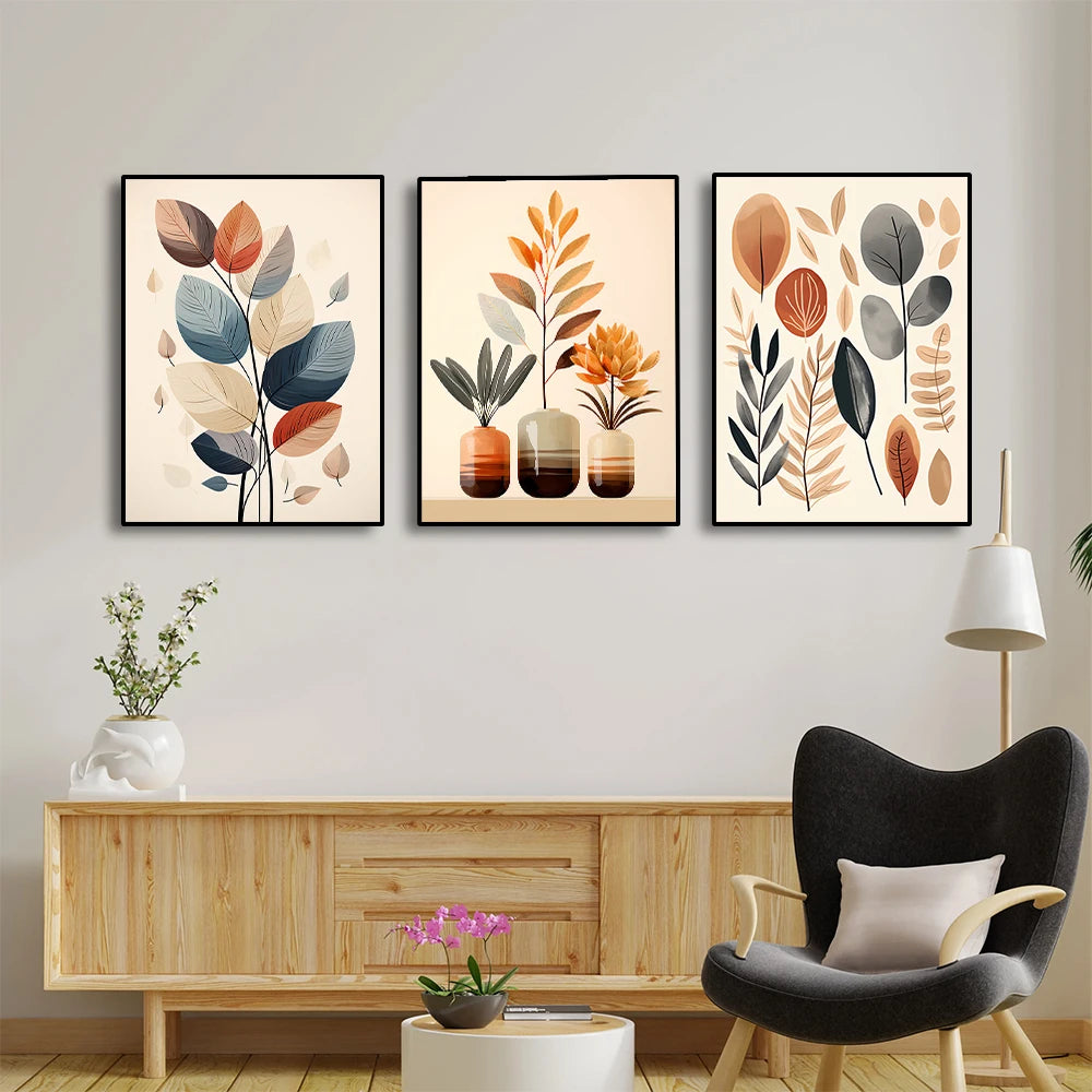 three piece retro leaf and watercolor vase abstract canvas set