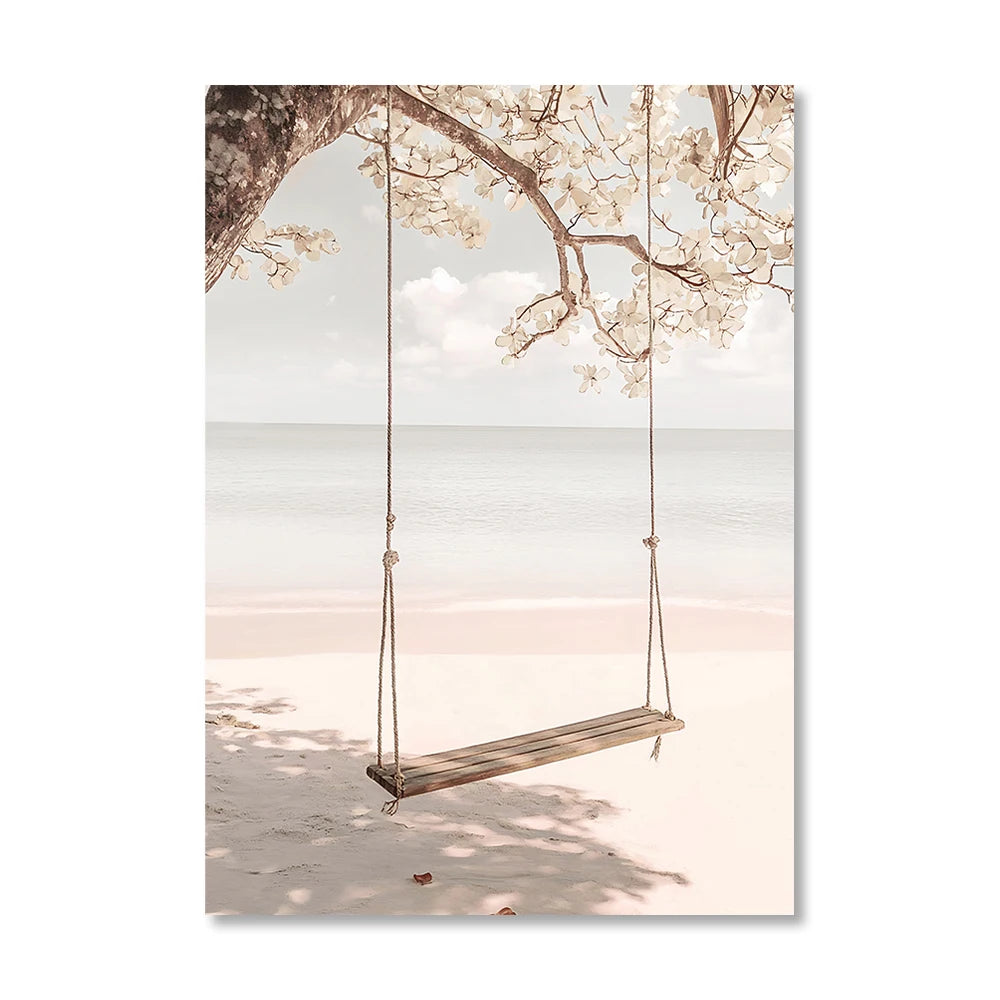 beach sunset with seagull and bridge with beige reeds Nordic canvas wall art