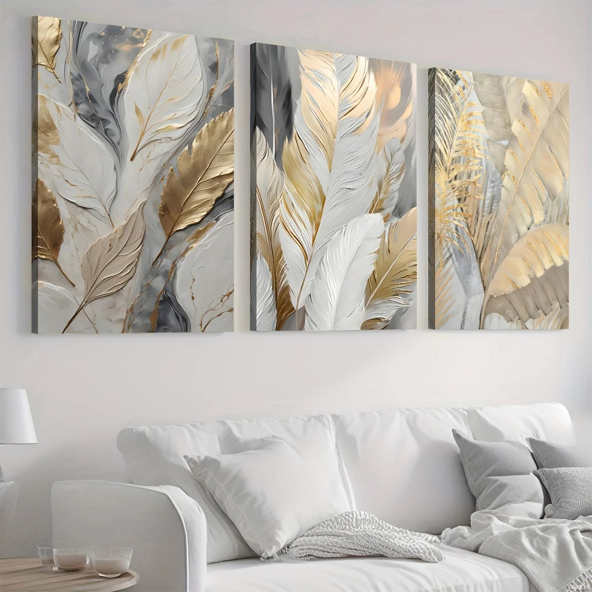 Golden Plant Leaves Canvas - Set Of 3