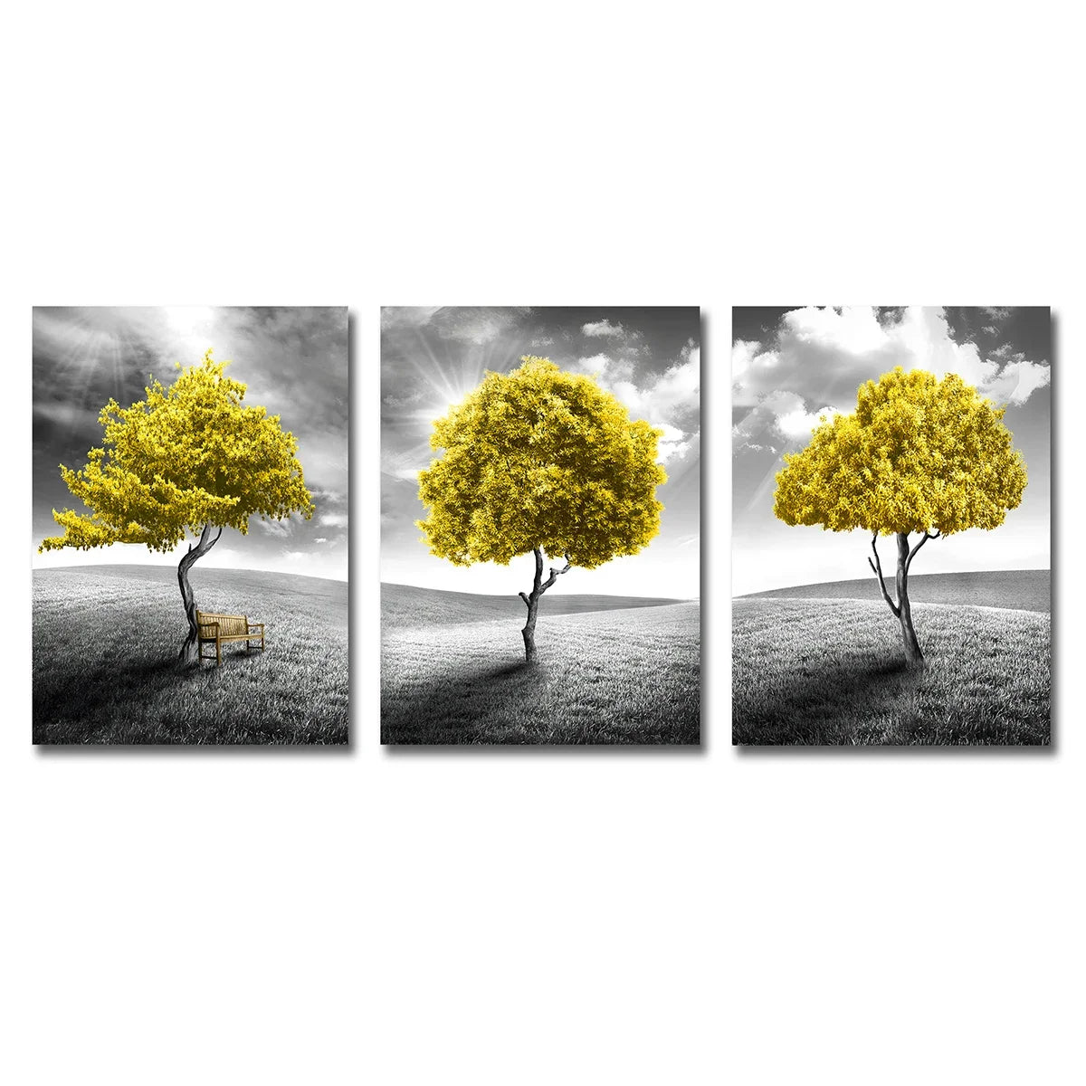 Three-piece abstract yellow tree canvas wall art