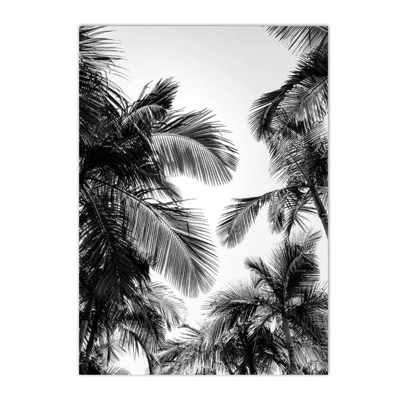 black and white coastal bridge boat palm sea waves nordic canvas
