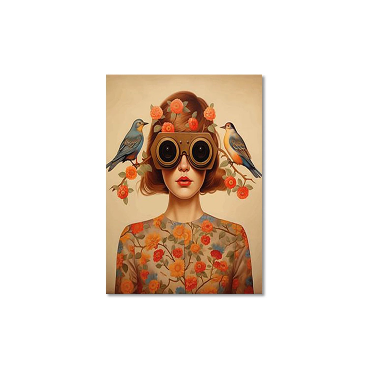 nordic scandinavian portrait woman with glasses flowers and birds canvas
