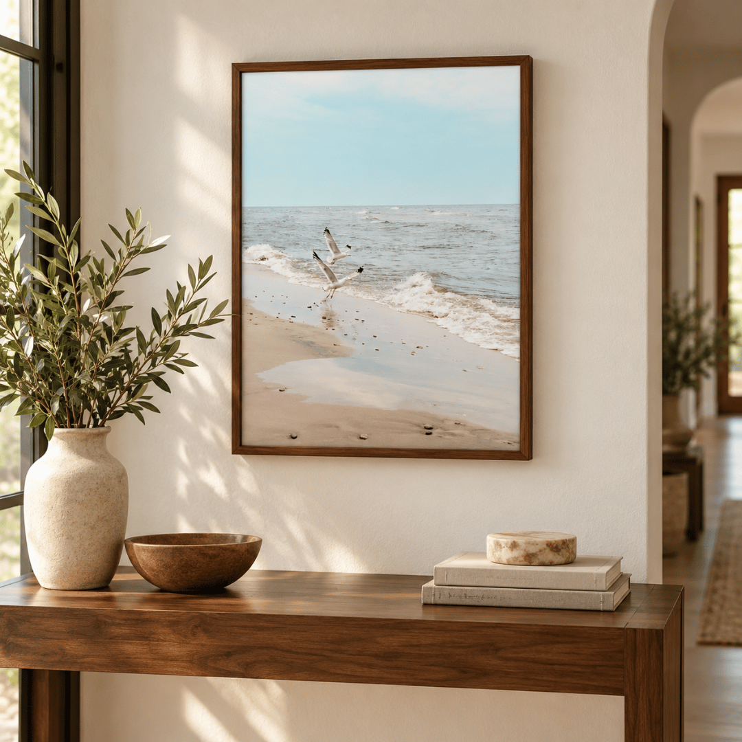 Seagulls Over Soft Tide Canvas Print