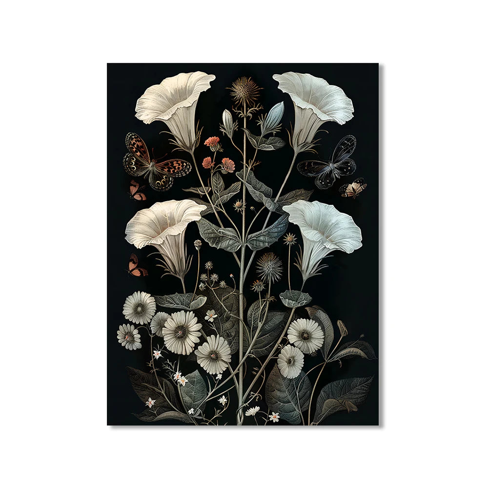 Vintage botanical butterfly with morning glory and ferns canvas