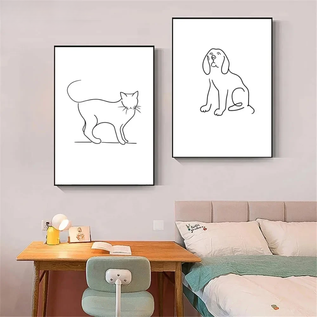 Minimalist Cat & Dog Line Art Canvas Print