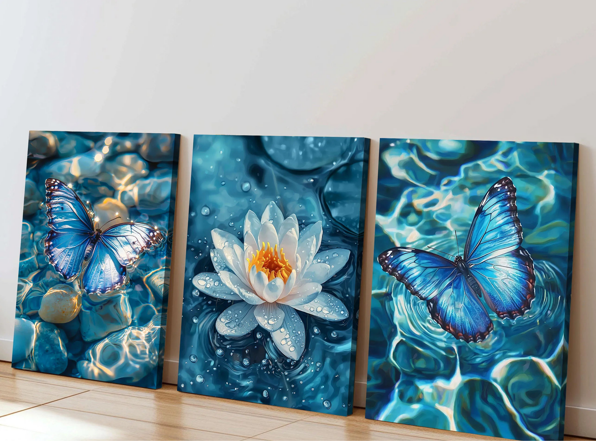 Blue lotus flower with butterflies canvas wall art