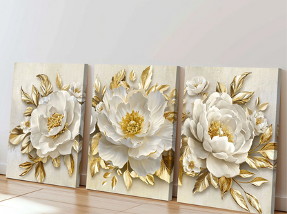 Modern platinum and gold leaf flower canvas wall art