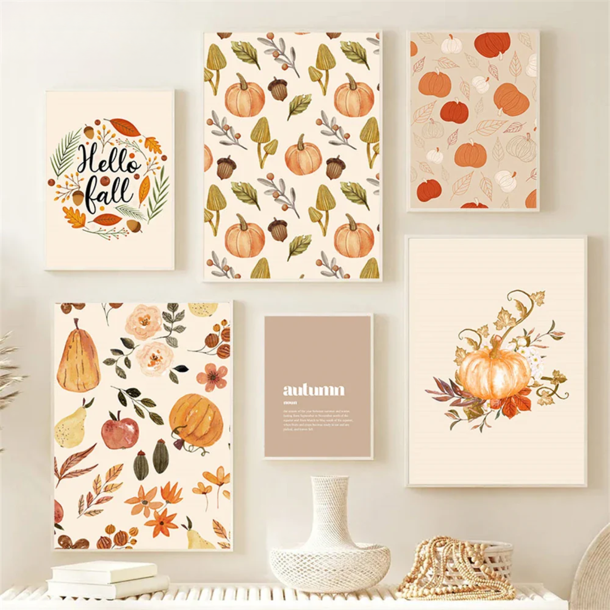 Hello Fall Pumpkin & Leaves Autumn Canvas Print