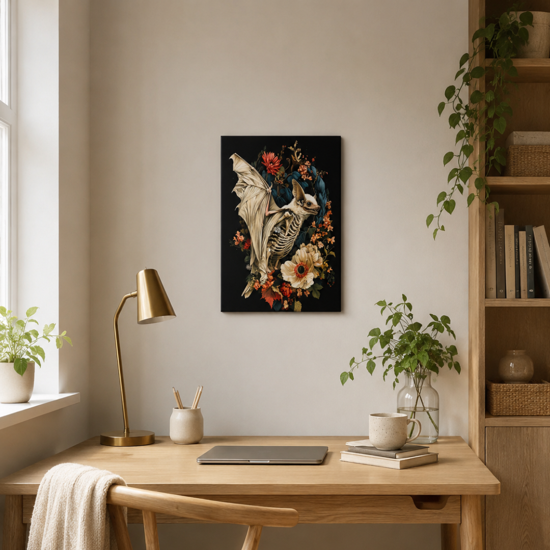Gothic Bat Skeleton Floral Canvas Print