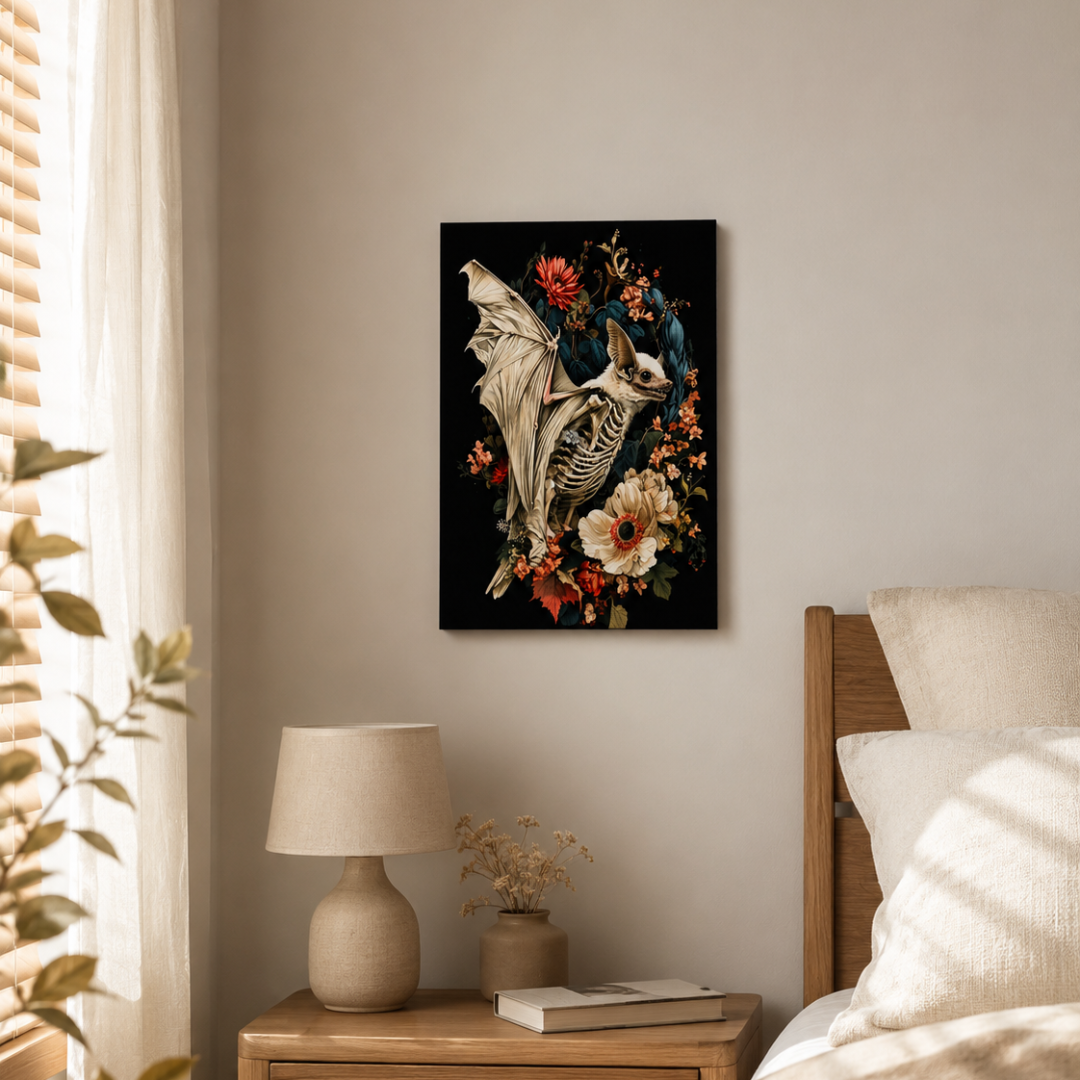 Gothic Bat Skeleton Floral Canvas Print