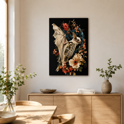 Gothic Bat Skeleton Floral Canvas Print