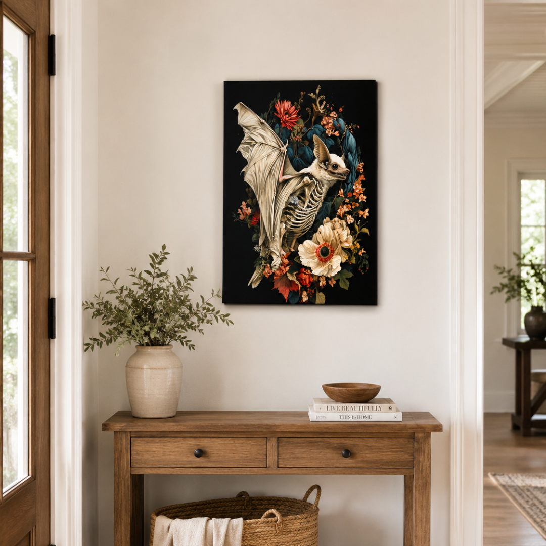Gothic Bat Skeleton Floral Canvas Print