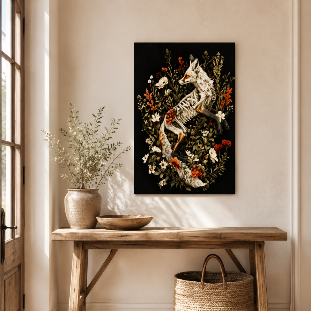 Gothic Fox Skeleton Wildflower Canvas Print